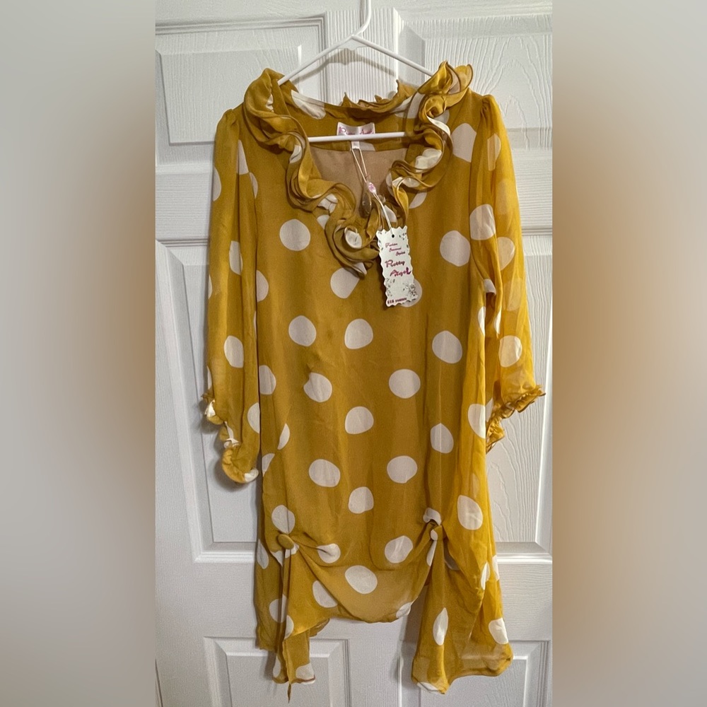 Pretty Angel Silkblend Polka Dot Yellow/Gold Sheer Tunic or Dress Size Large New